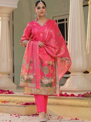 Rani Pink Ethnic Motifs Printed Zari Chandevri Cotton Kurta With Trousers & Dupatta Set 1