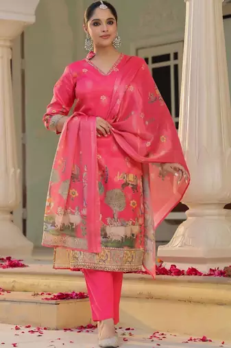 Rani Pink Ethnic Motifs Printed Zari Chandevri Cotton Kurta With Trousers & Dupatta Set