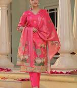 Rani Pink Ethnic Motifs Printed Zari Chandevri Cotton Kurta With Trousers & Dupatta Set