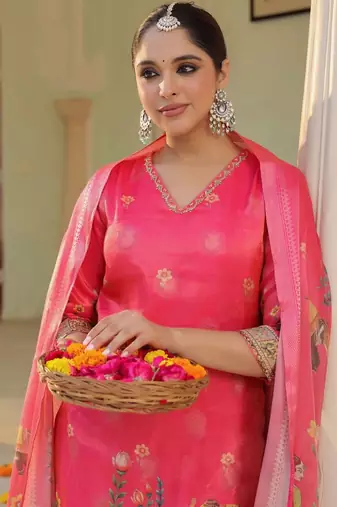 Rani Pink Ethnic Motifs Printed Zari Chandevri Cotton Kurta With Trousers & Dupatta Set