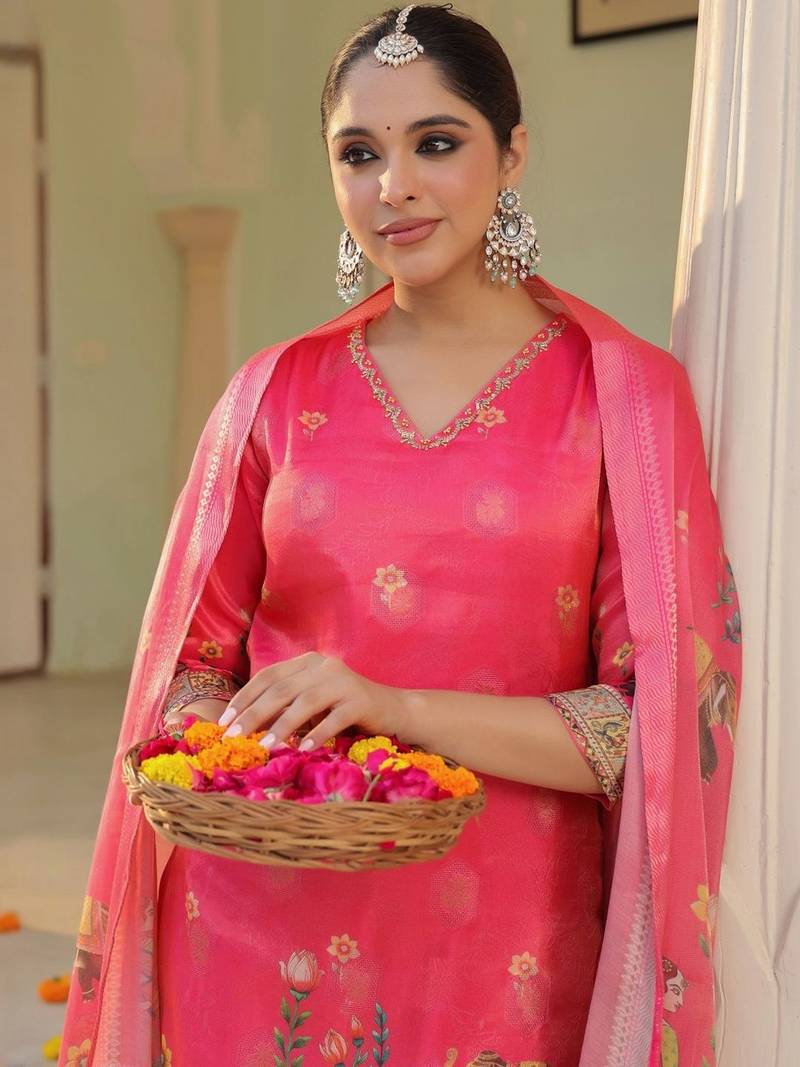 Rani Pink Ethnic Motifs Printed Zari Chandevri Cotton Kurta With Trousers & Dupatta Set