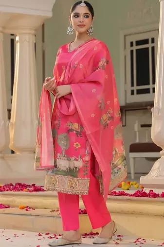 Rani Pink Ethnic Motifs Printed Zari Chandevri Cotton Kurta With Trousers & Dupatta Set