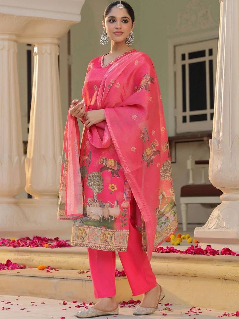 Rani Pink Ethnic Motifs Printed Zari Chandevri Cotton Kurta With Trousers & Dupatta Set