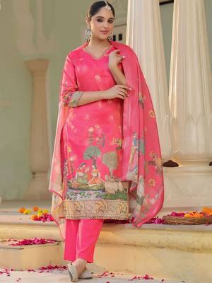 Rani Pink Ethnic Motifs Printed Zari Chandevri Cotton Kurta With Trousers & Dupatta Set 4