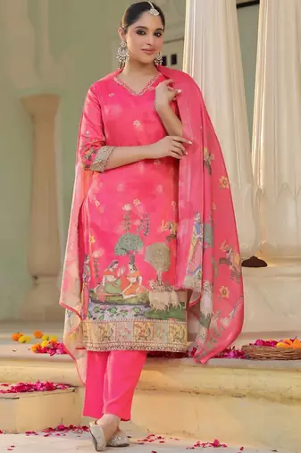 Rani Pink Ethnic Motifs Printed Zari Chandevri Cotton Kurta With Trousers & Dupatta Set