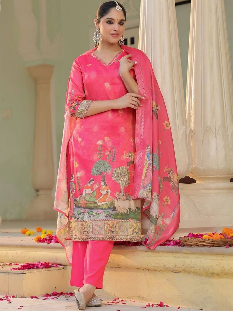 Rani Pink Ethnic Motifs Printed Zari Chandevri Cotton Kurta With Trousers & Dupatta Set