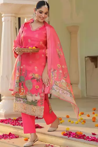 Rani Pink Ethnic Motifs Printed Zari Chandevri Cotton Kurta With Trousers & Dupatta Set