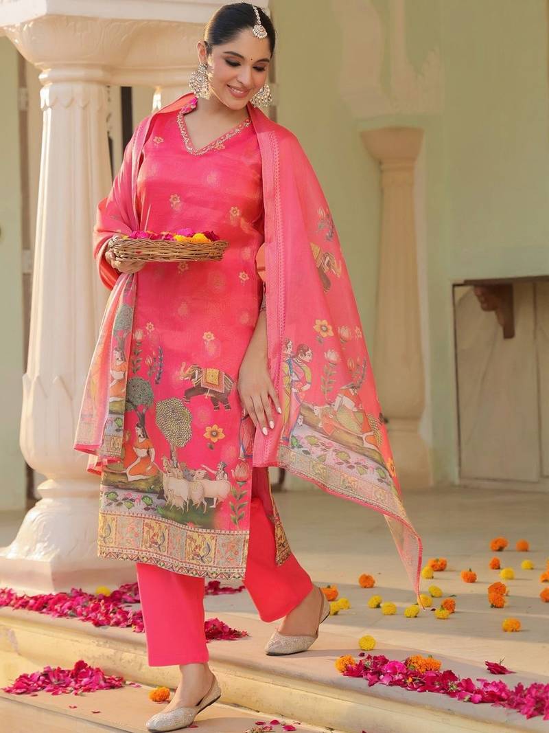 Rani Pink Ethnic Motifs Printed Zari Chandevri Cotton Kurta With Trousers & Dupatta Set