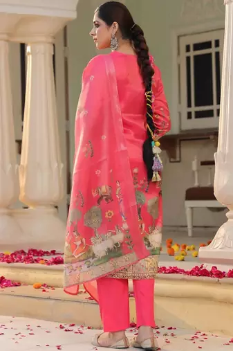 Rani Pink Ethnic Motifs Printed Zari Chandevri Cotton Kurta With Trousers & Dupatta Set