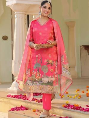 Rani Pink Ethnic Motifs Printed Zari Chandevri Cotton Kurta With Trousers & Dupatta Set 7
