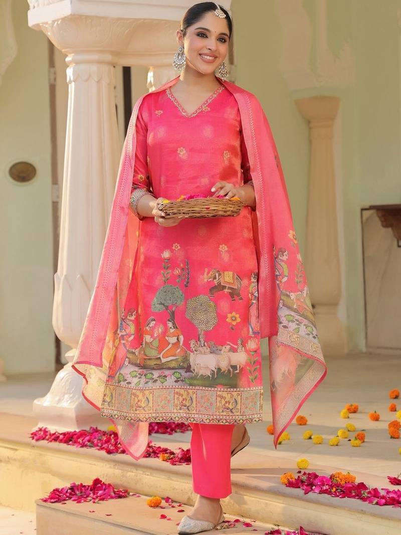 Rani Pink Ethnic Motifs Printed Zari Chandevri Cotton Kurta With Trousers & Dupatta Set