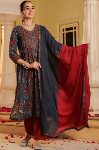 Blue Red Women Floral Printed Regular Cotton Kurta with Trousers & Dupatta Set