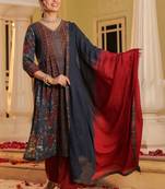 Blue Red Women Floral Printed Regular Cotton Kurta with Trousers & Dupatta Set