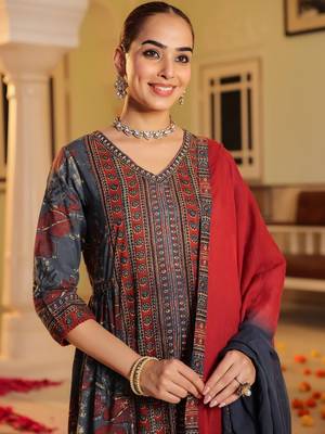 Blue Red Women Floral Printed Regular Cotton Kurta with Trousers & Dupatta Set 2