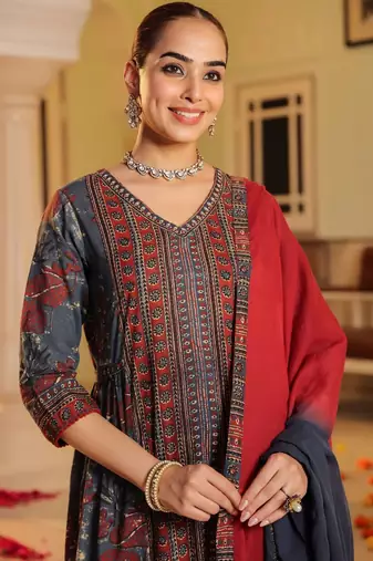 Blue Red Women Floral Printed Regular Cotton Kurta with Trousers & Dupatta Set