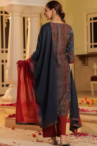 Blue Red Women Floral Printed Regular Cotton Kurta with Trousers & Dupatta Set