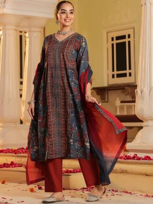 Blue Red Women Floral Printed Regular Cotton Kurta with Trousers & Dupatta Set 5