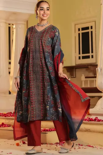Blue Red Women Floral Printed Regular Cotton Kurta with Trousers & Dupatta Set