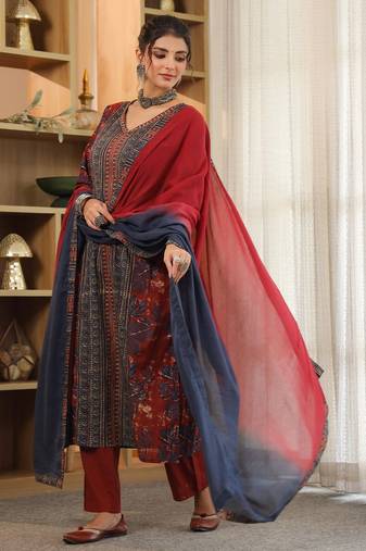 Red Blue Women Floral Printed Regular Cotton Kurta with Trousers & Dupatta Set