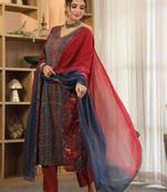 Red Blue Women Floral Printed Regular Cotton Kurta with Trousers & Dupatta Set