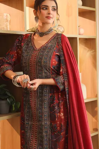 Red Blue Women Floral Printed Regular Cotton Kurta with Trousers & Dupatta Set