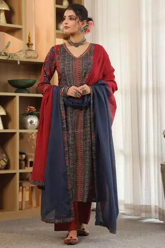 Red Blue Women Floral Printed Regular Cotton Kurta with Trousers & Dupatta Set