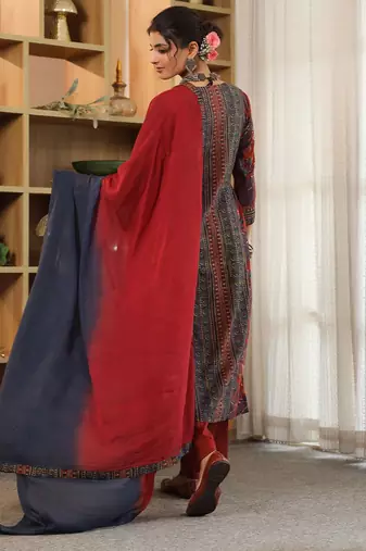 Red Blue Women Floral Printed Regular Cotton Kurta with Trousers & Dupatta Set