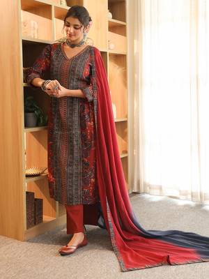 Red Blue Women Floral Printed Regular Cotton Kurta with Trousers & Dupatta Set 5