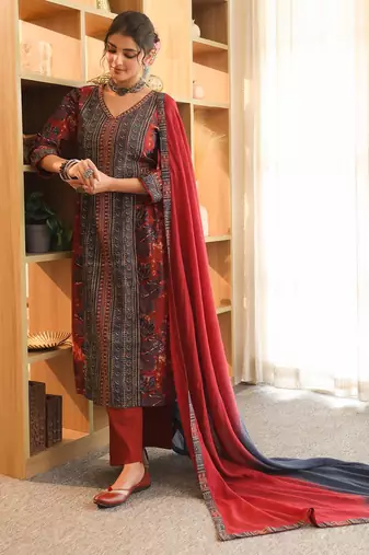 Red Blue Women Floral Printed Regular Cotton Kurta with Trousers & Dupatta Set