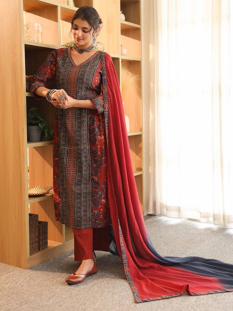 Red Blue Women Floral Printed Regular Cotton Kurta with Trousers & Dupatta Set