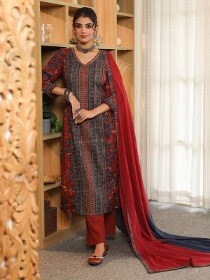 Red Blue Women Floral Printed Regular Cotton Kurta with Trousers & Dupatta Set 6