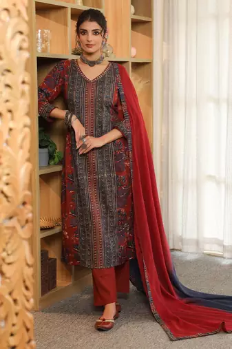 Red Blue Women Floral Printed Regular Cotton Kurta with Trousers & Dupatta Set