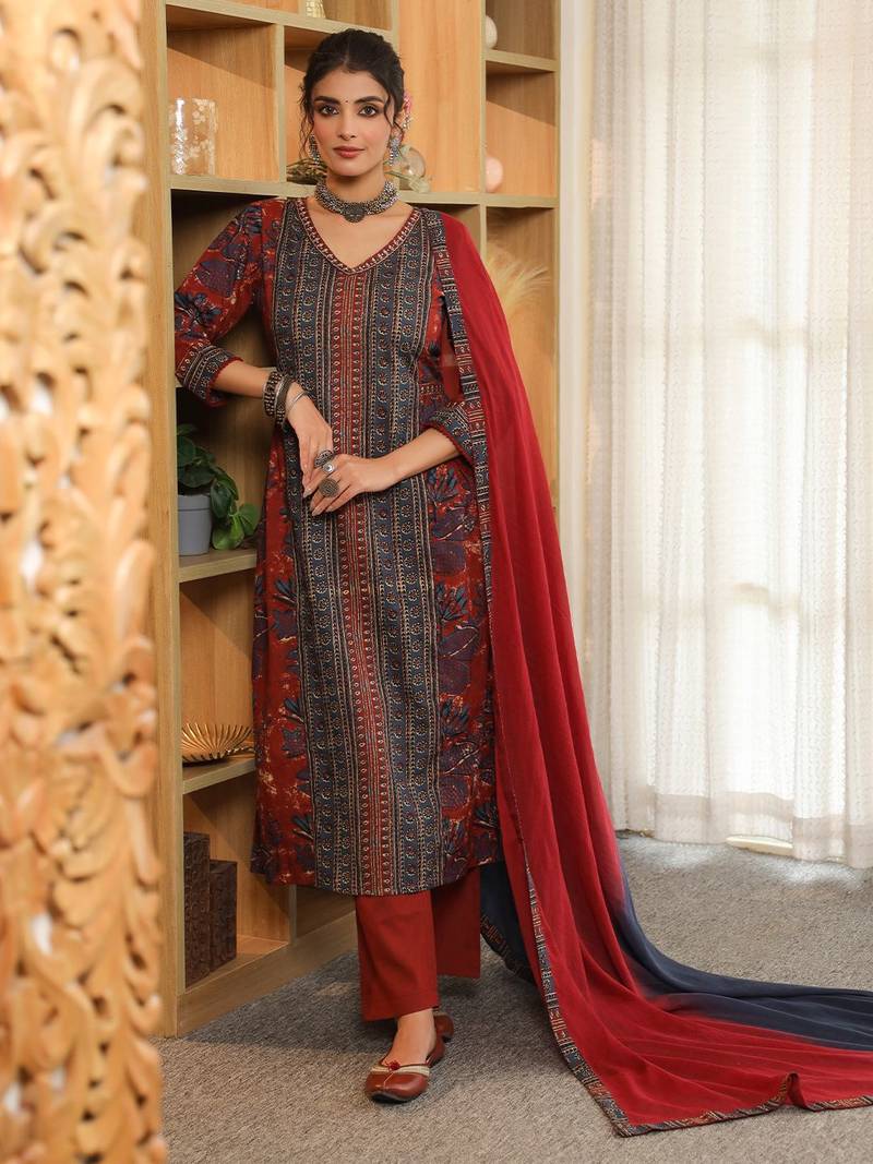 Red Blue Women Floral Printed Regular Cotton Kurta with Trousers & Dupatta Set