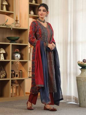 Red Blue Women Floral Printed Regular Cotton Kurta with Trousers & Dupatta Set 7