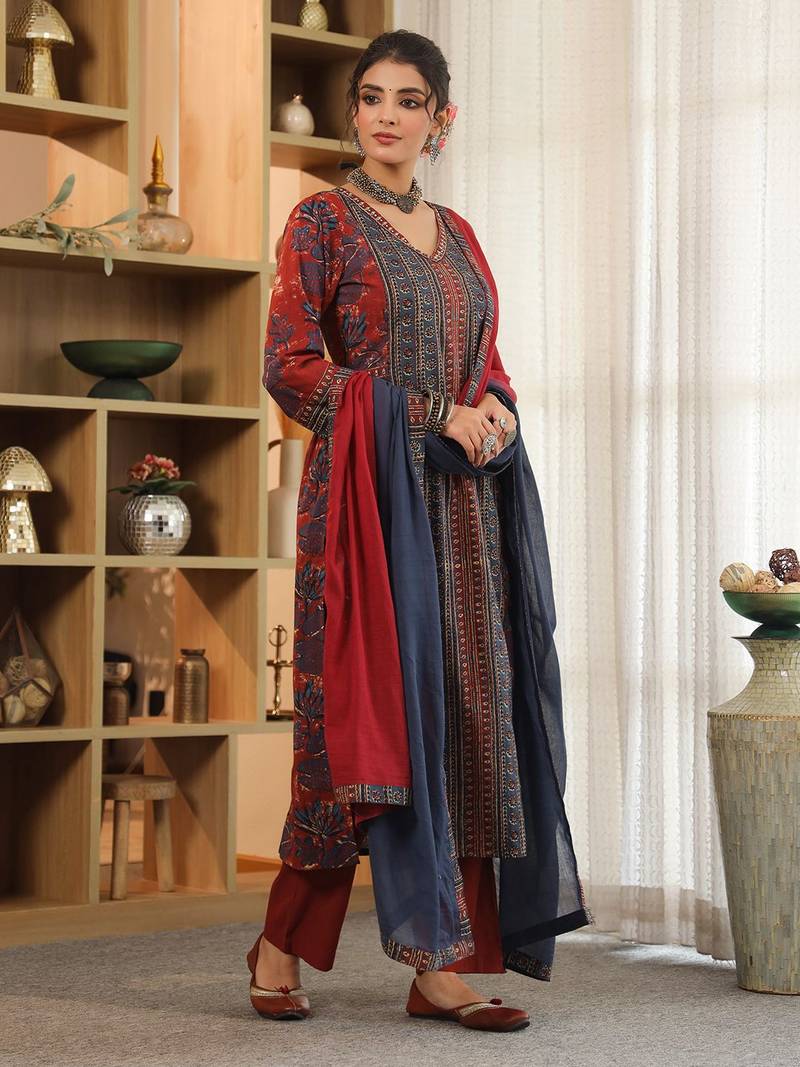 Red Blue Women Floral Printed Regular Cotton Kurta with Trousers & Dupatta Set