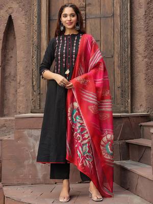 Black Red Yoke Design Chanderi Cotton A-Line Kurta with Palazzos & Dupatta Set 1