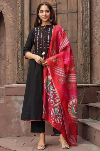 Black Red Yoke Design Chanderi Cotton A-Line Kurta with Palazzos & Dupatta Set