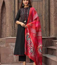 Black Red Yoke Design Chanderi Cotton A-Line Kurta with Palazzos & Dupatta Set
