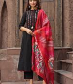 Black Red Yoke Design Chanderi Cotton A-Line Kurta with Palazzos & Dupatta Set