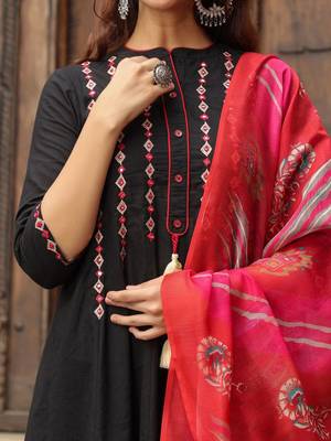 Black Red Yoke Design Chanderi Cotton A-Line Kurta with Palazzos & Dupatta Set 2