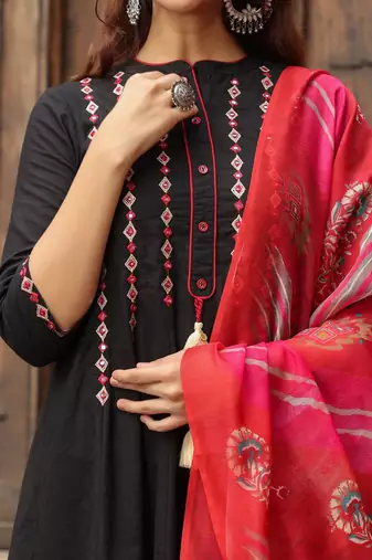 Black Red Yoke Design Chanderi Cotton A-Line Kurta with Palazzos & Dupatta Set