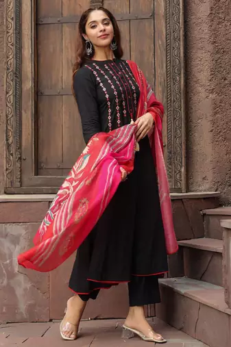 Black Red Yoke Design Chanderi Cotton A-Line Kurta with Palazzos & Dupatta Set