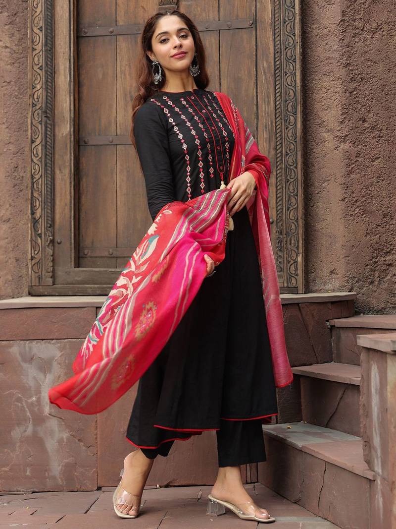 Black Red Yoke Design Chanderi Cotton A-Line Kurta with Palazzos & Dupatta Set