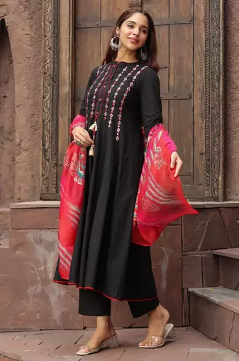 Black Red Yoke Design Chanderi Cotton A-Line Kurta with Palazzos & Dupatta Set