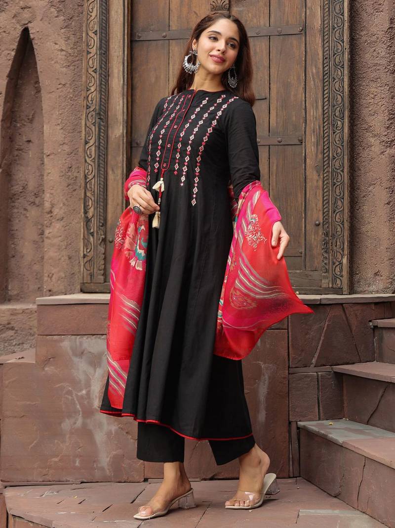 Black Red Yoke Design Chanderi Cotton A-Line Kurta with Palazzos & Dupatta Set