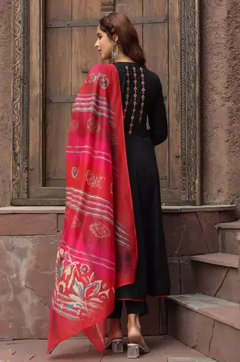 Black Red Yoke Design Chanderi Cotton A-Line Kurta with Palazzos & Dupatta Set