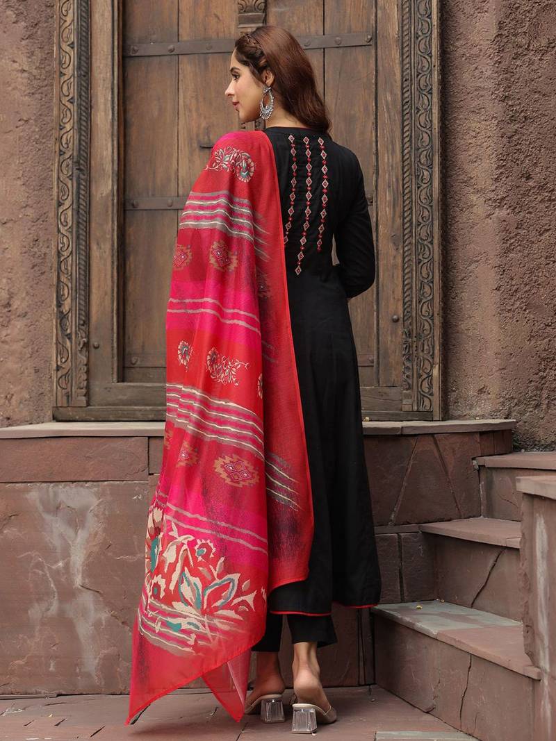 Black Red Yoke Design Chanderi Cotton A-Line Kurta with Palazzos & Dupatta Set