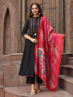 Black Red Yoke Design Chanderi Cotton A-Line Kurta with Palazzos & Dupatta Set 6