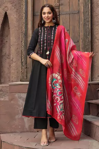 Black Red Yoke Design Chanderi Cotton A-Line Kurta with Palazzos & Dupatta Set