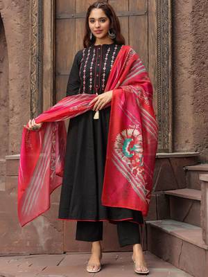Black Red Yoke Design Chanderi Cotton A-Line Kurta with Palazzos & Dupatta Set 7